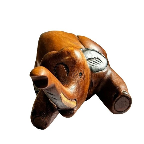 Antique Playful Baby Elephant Hand Carved Solid Wood Two Tone - Picture 2 of 14